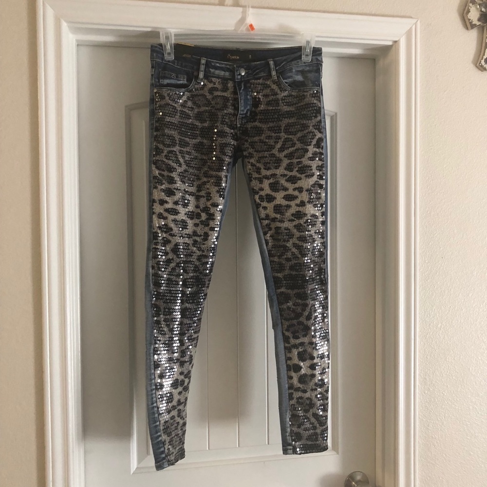 Sparkle sequined leopard print skinny jeans (W)-11